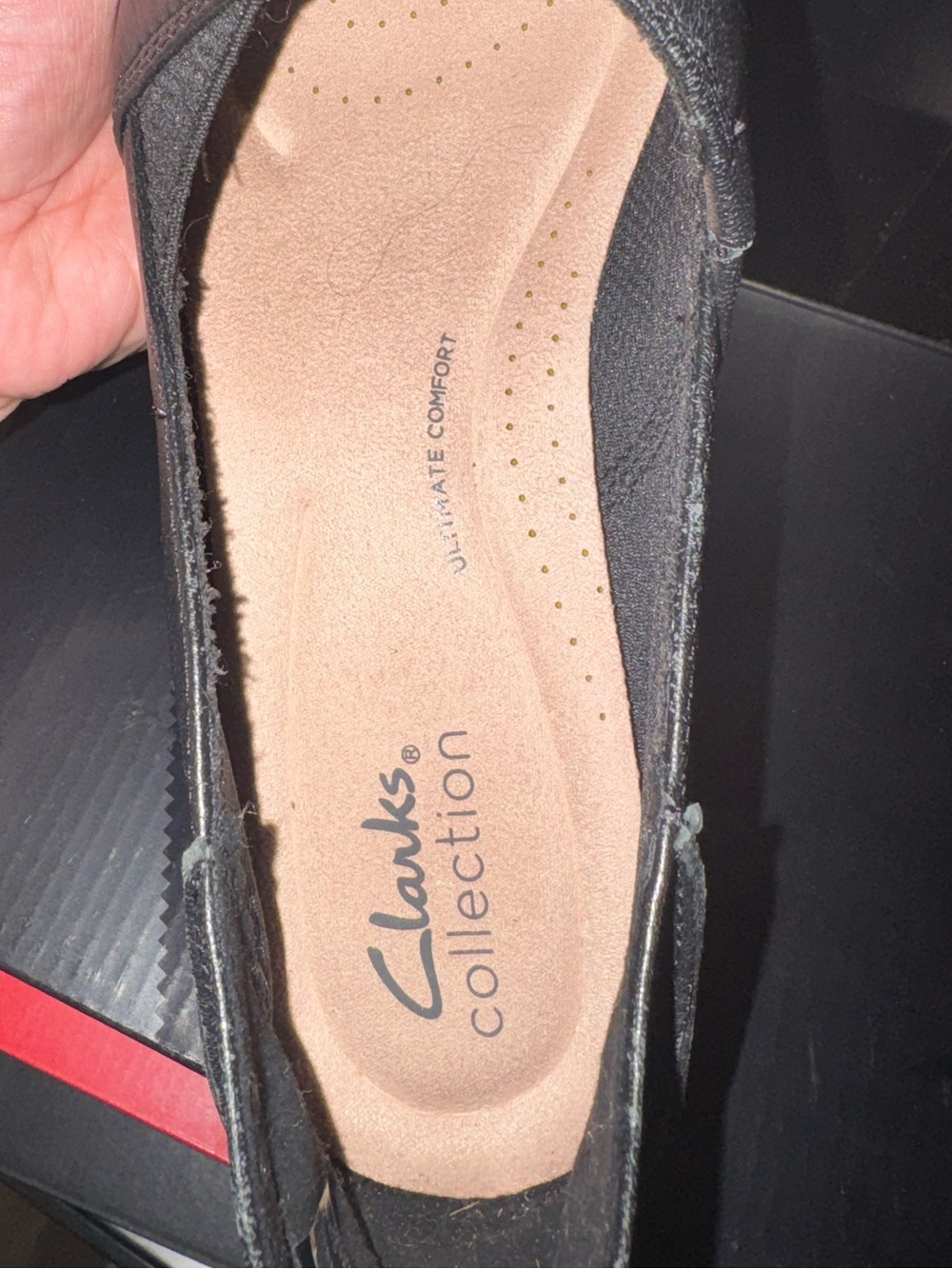 Clarks Black Slip-On Loafers with Low Tan Heel - Picture 4 of 6